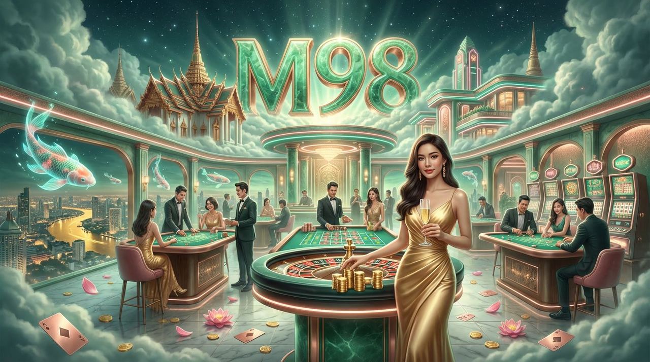 M98 – Kasino online mewah Thailand dengan wanita anggun berpakaian emas di meja roulette jade, ikan koi terbang, dan spire kuil Thai di langit